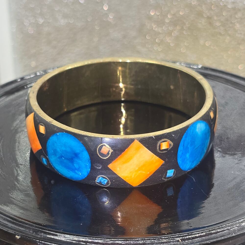 VTG MCM Atomic Cosmic 3/4” Brass Bangle BK OR & BL Bovine Bone Inlay SZ 8.75